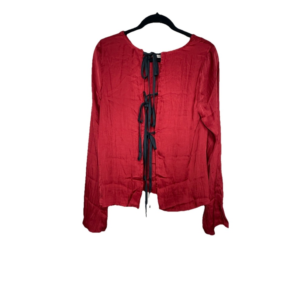 Free People Top Womens Medium Red Black Long Sleeve Evening Satin Open Tie Back - Picture 7 of 11